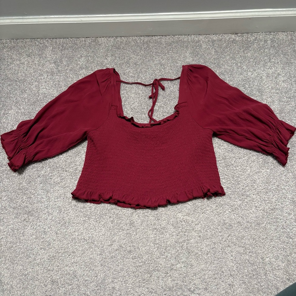 Jun & Ivy Smocked Burgundy Tie Back Crop Top